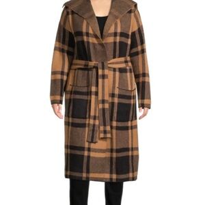 Liz Claiborne Plaid Open Front Cardigan Brown Belted Pockets Cozy Fall Large